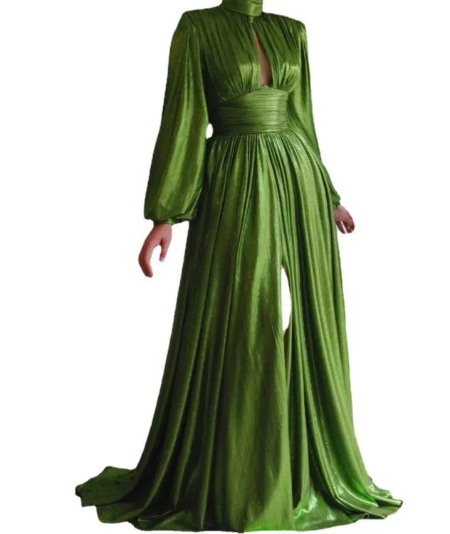 Casual Dresses Women Sexy Shiny Olive Green Boho Dress Spring Autumn Long Sleeve Evening Party Elegant Maxi Slit Big Swing Formal 5027613