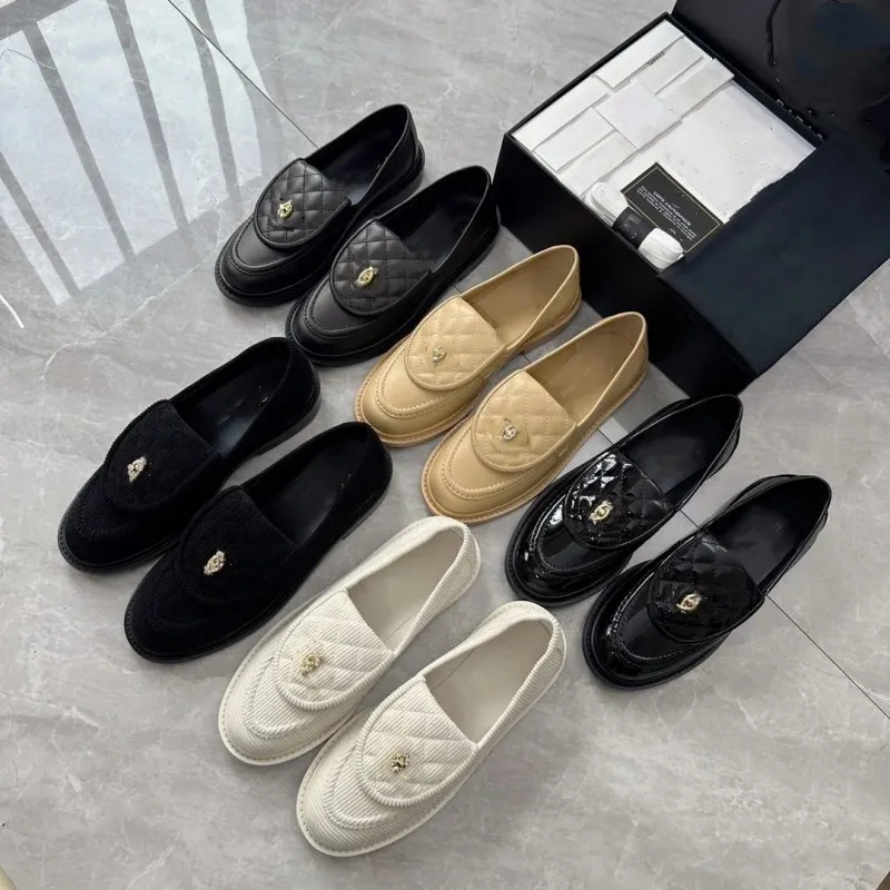 Quilted Loafers Tab Black Leather White Grey Pink Ivory Corduroy Black Corduroy Women Casual Shoes