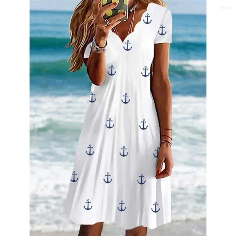 Casual Dresses Summer Dress 2024 Boat Anchor Print Slim Fit Short Sleeve V-Neck Pullover Knee Length