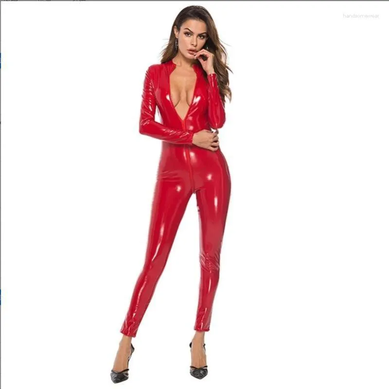 Damen-Overalls, sexy Damen-Catsuit aus Kunstleder, PVC-Latex-Body mit Reißverschluss vorne, offener Schritt, Stretch-Bodystocking, erotische Kostüme