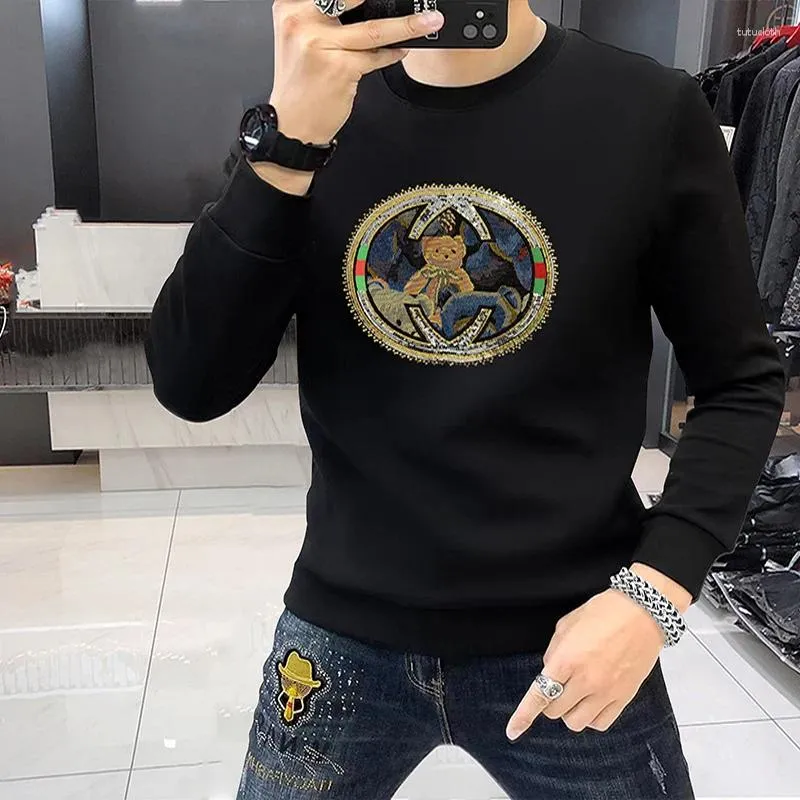 Herren T-Shirts Luxus Pullover bestickt Bär Strass Plüsch Hoodies Winter bequem Pullover hochwertige Baumwolle Mann Kleidung