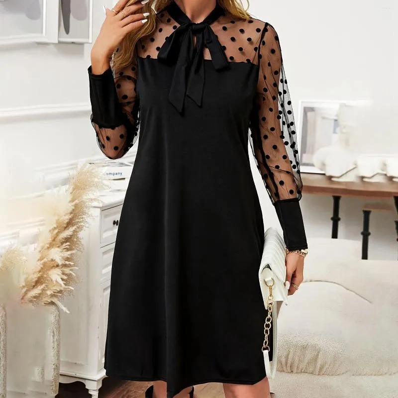 Casual Dresses Spring And Summer Women'S Fashion Elegant Bow Mesh Patchwork Long Sleeve Dress Plus Size Black Outfits Woman Clothing