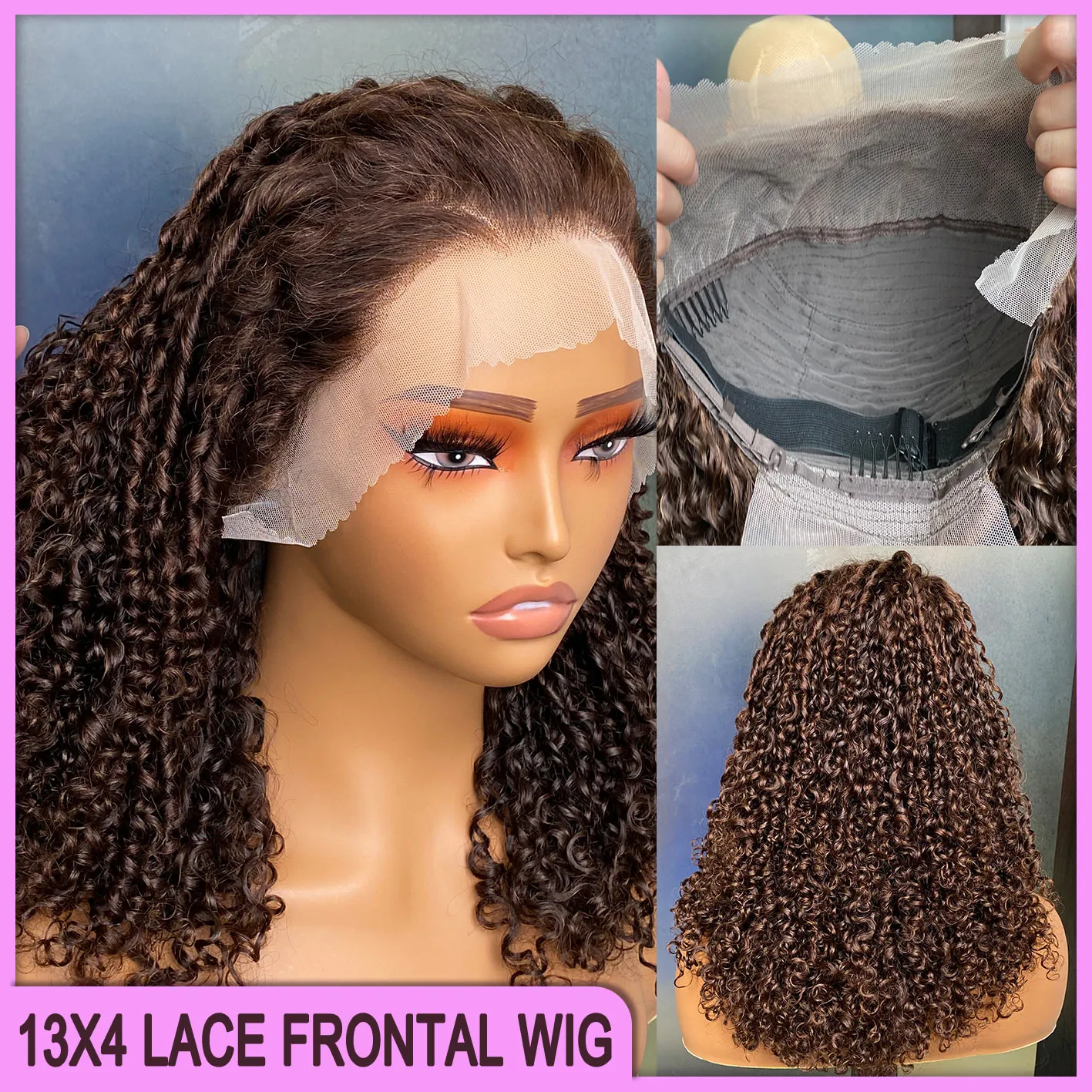 Brasileiro peruano vietnamita 14 Polegada cor marrom 100% cru virgem remy cabelo humano fumi encaracolado 13x4 peruca frontal de renda transparente