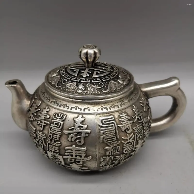 Garrafas coletar china fino acabamento tibetano prata branco escultura de cobre 'longevidade palavra' chaleira artesanato de metal decoração para casa