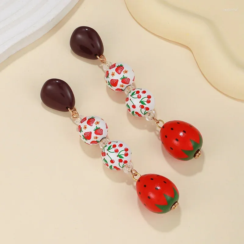 Dangle Earrings Sweet Cute Strawberry Fruit Long Drop Earring Printing Wood Beads Jewelry For Women Gifts