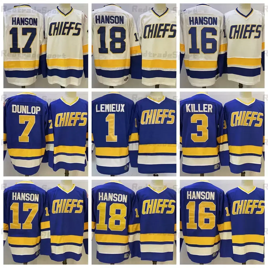 Maillots de hockey CUSTOM Mens Slap Shot Film Charlestown Chief 17 Steve Hanson 18 Jeff Hanson 16 Jack Hanson 1 Denis Lemieux 3 Dave Killer 7 R