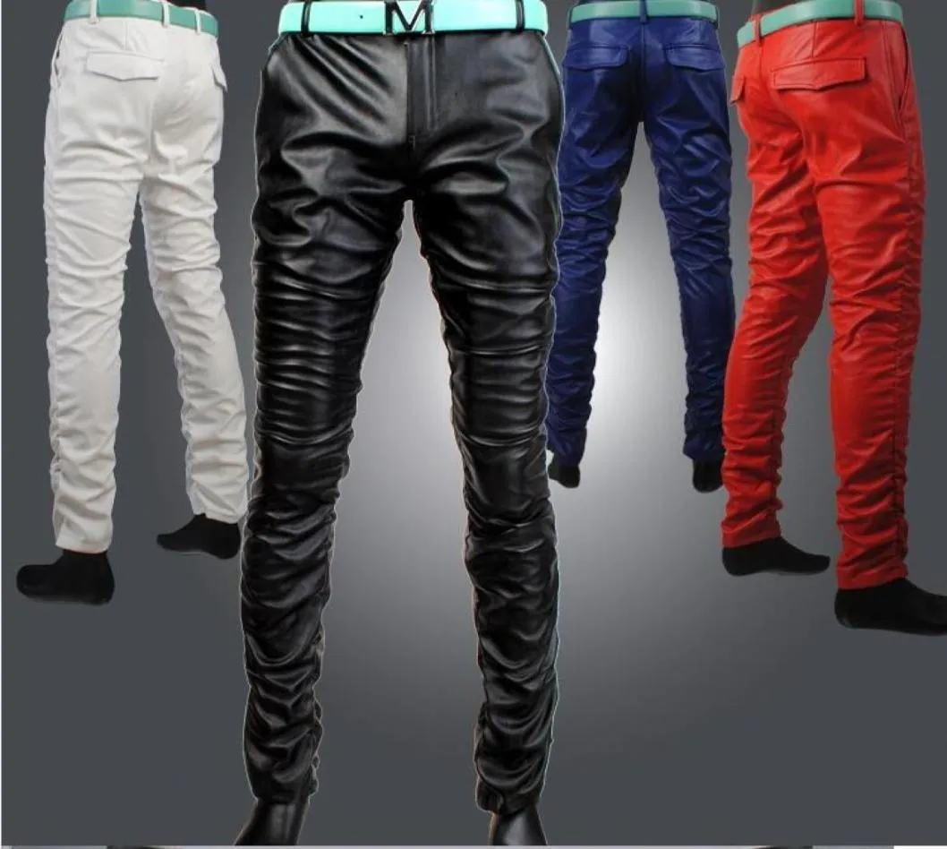 Fashionable new personality men039s tight leather pants men039s Korean version slim feet black and white red pu leather pant8126356