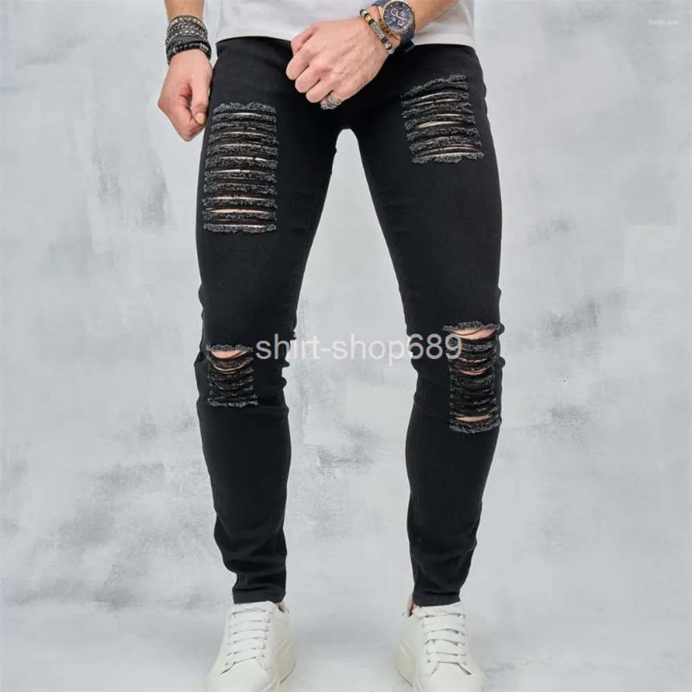 Mäns jeans män streetwear rippade massiva mager blyertsbyxor manliga snygga hål oroliga smala denim byxor