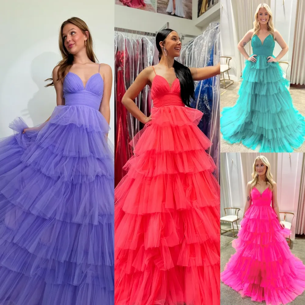 Skiktad tyll prom klänning 2k24 spaghetti rand ruffle ung lady pageant vinter formell kväll cocktail sweet 16 födelsedagsfest gala tuxedo militär boll klänning orkidé