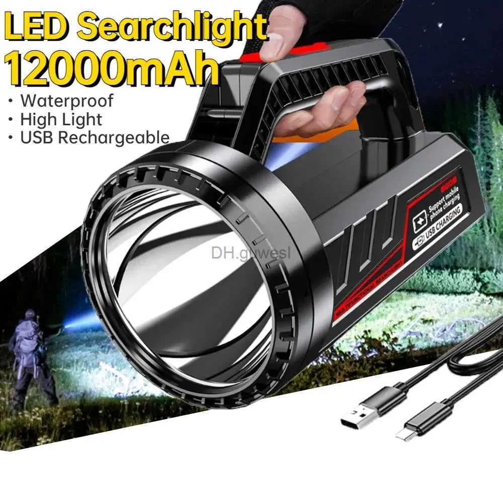 Lanterna de acampamento de alta luz LED holofote 12000mAh Tocha de longo alcance USB recarregável luz de trabalho P90 Holofote à prova d'água Lanterna poderosa YQ240124