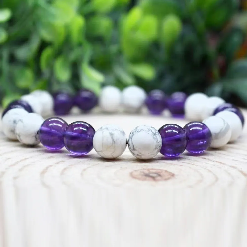 MG1977 8 mm Amethyst-weißes Howlith-Mischarmband für Damen, Perlen-Edelstein, Yoga-Mala, Energie-Heilkristalle, Schmuck