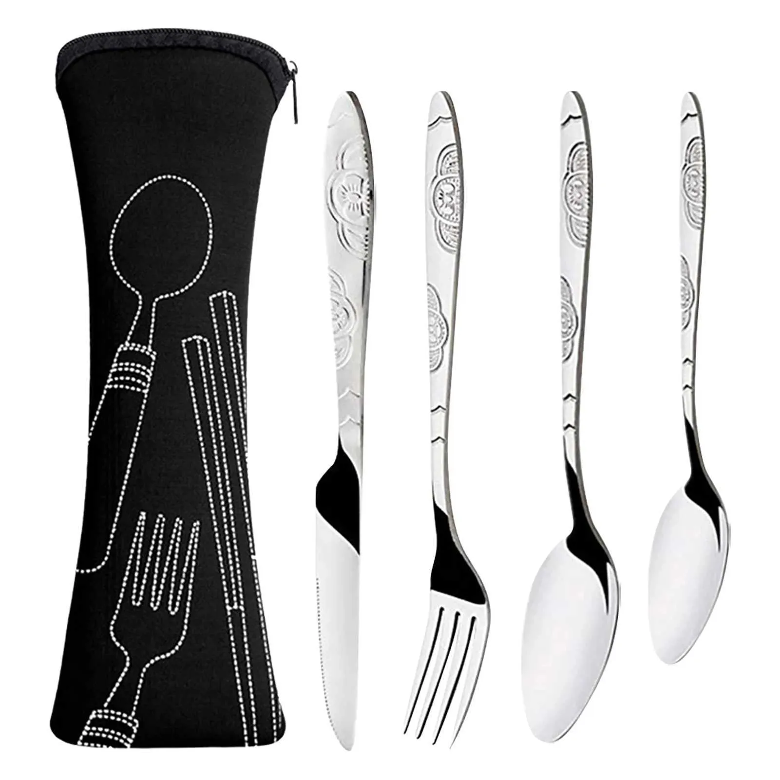 Camp Kitchen 5pcs/Set Middagskedgaffel med fodral i rostfritt stål Tabellesresor Portable Family Camping Outdoor Picnic Cutlery Set # YQ240123