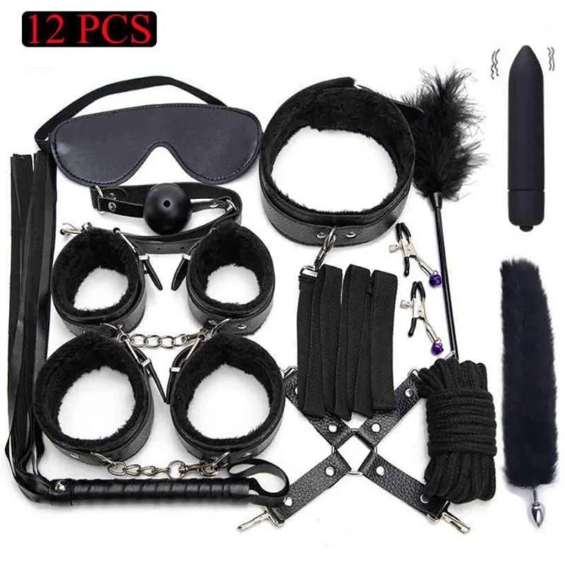 y Leather BDSM Kits Plush Bondage Set Handcuffs Games Whip Gag Nipple Clamps Sex Toys For Couples Exotic Accessories7500978