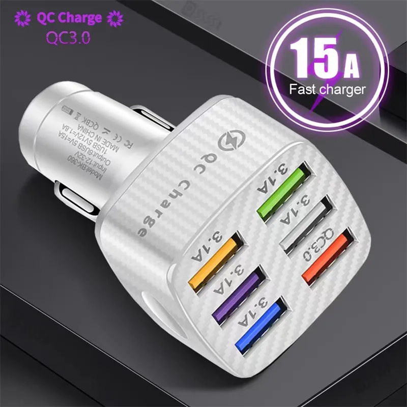 45W USB -billaddare för iPhone 14 13 12 Pro Max Fast Charging för Samsung S23 Ultra Xiaomi PD Typ C Car Phone Chargers Adapter 5V/9V/12V laddning 15A 6 USB -laddare