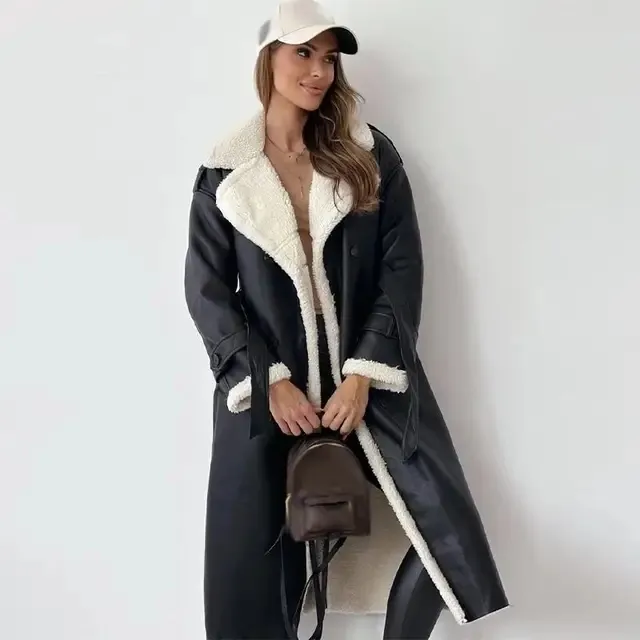 Womens Double Sided Shearling Leather Coat Lambswool Lined Long