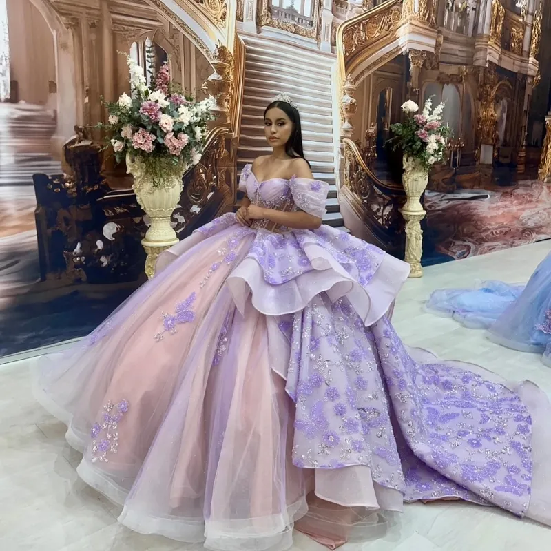 México Sexy fuera del hombro vestido de fiesta vestido de quinceañera para niña con cuentas 3D arco Tull vestidos de fiesta de cumpleaños vestidos de baile dulce 16