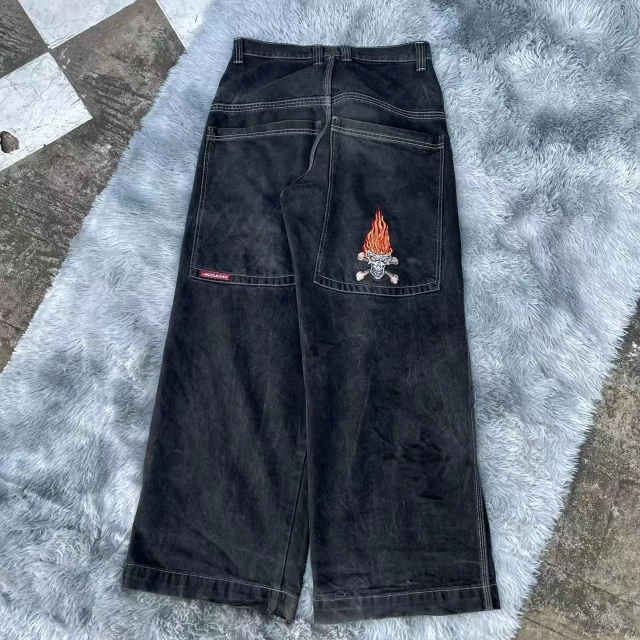 JNCO Mens Retro High Street Hip Hop Punk Mid Waist Washed JNCO Mens Retro High Street Hip Hop Punk Mid Waist Washed