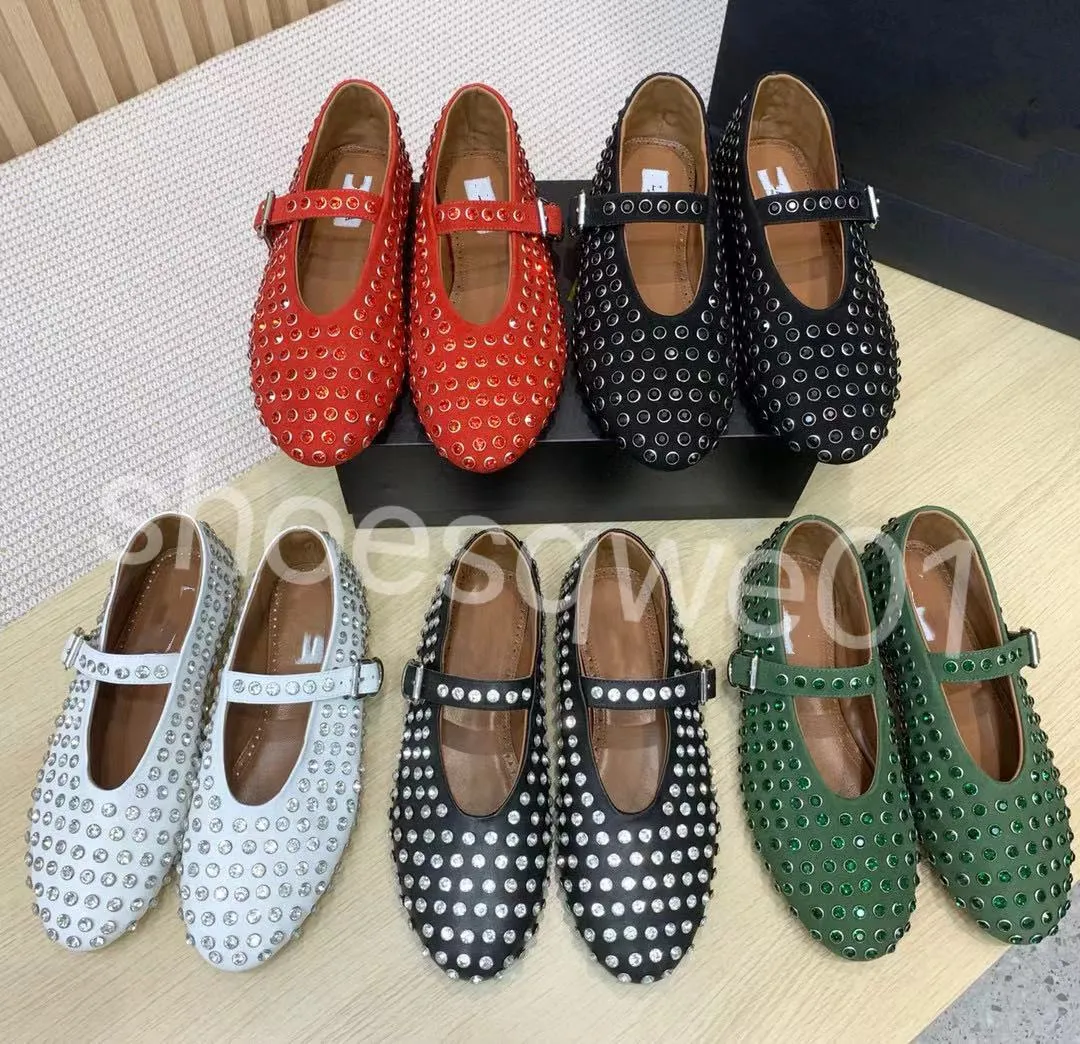 Designer Luxury Shoes Women Ballet Flats Dress Shoes Hollowed Out Mesh Sandal Round Head Rhinestone Rivet Buckle Mary äkta läder Jane Loafers