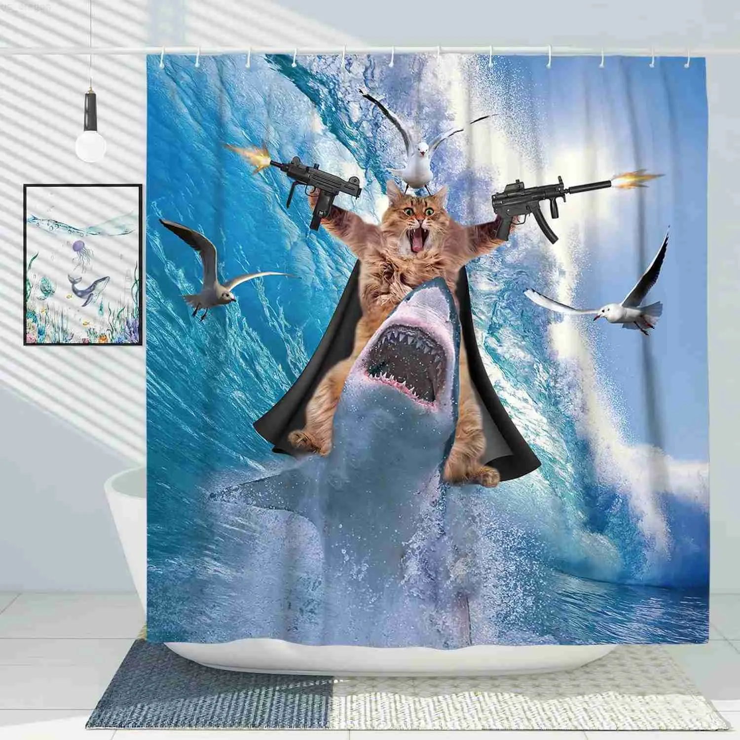 Shower Curtains Funny Shower Curtain Cute Sea Cat Riding Shark Whale Cartoon Animal Creativity Kids Bathroom Decor Polyester Fabric Cloth Hooks