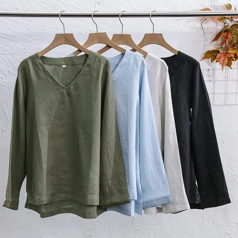 Women's T Shirts Fashion Woman Blouse 2024 Linen Tees Casual Loose Long Sleeve V-neck Autumn Clothes Top Blouses Camisas De Mujer