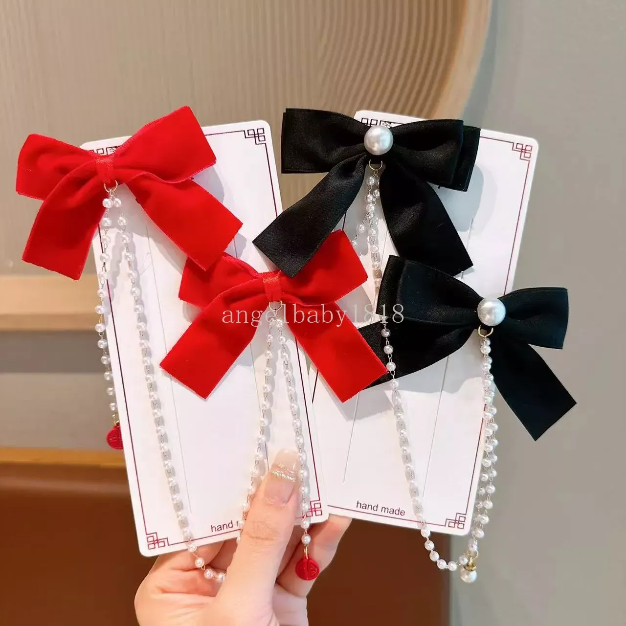 Red/Black/Pink Kids New Year Bow Hair Clips Pearl Solid Color Ribbon Baby Bows Hair Accessories for Baby Girls Handmade Bowknot Hairpin