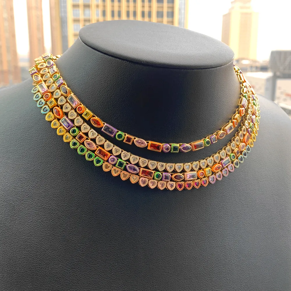 Rainbow Color Emalia Geometryczna cyrkon łańcuch tenisowy Choker Naszyjnik mrożony kobiety mężczyźni ślub Bling Pave Cubic Crimonia CZ Charm Gold Splated Hip Hop Fashion Biżuteria