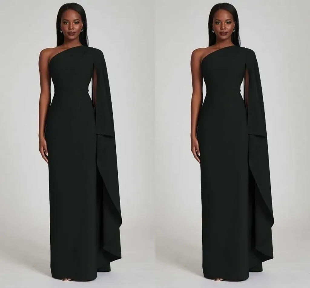 Long One Shoulder Black Crepe Dress 774