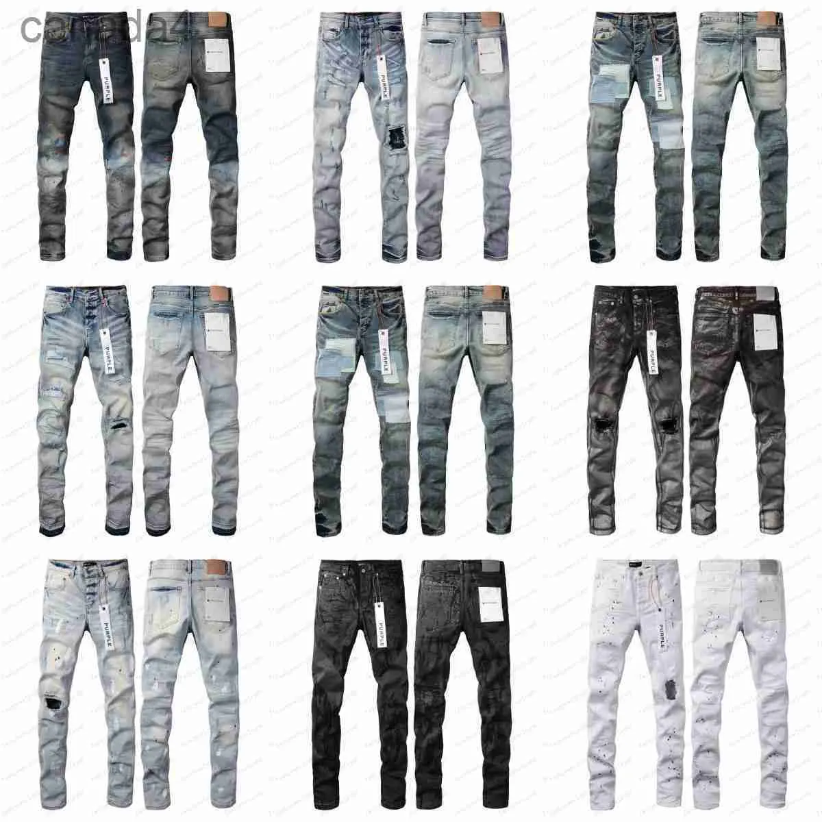 Designer Jeans para Mens Calças Roxo Roxo Jeans Mens Tendências Angustiado Preto Rasgado Biker Slim Fit Motocicleta Mans Stacked Men Baggy Hole L8Z9