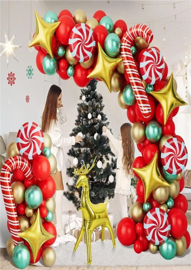 146pcs Kerstversiering Party Decor Ballonnen Kerstslinger Boog Kit Grote Kruk Snoep Ster Folie Ballons Goud Rood Groen Latex Ho4007424