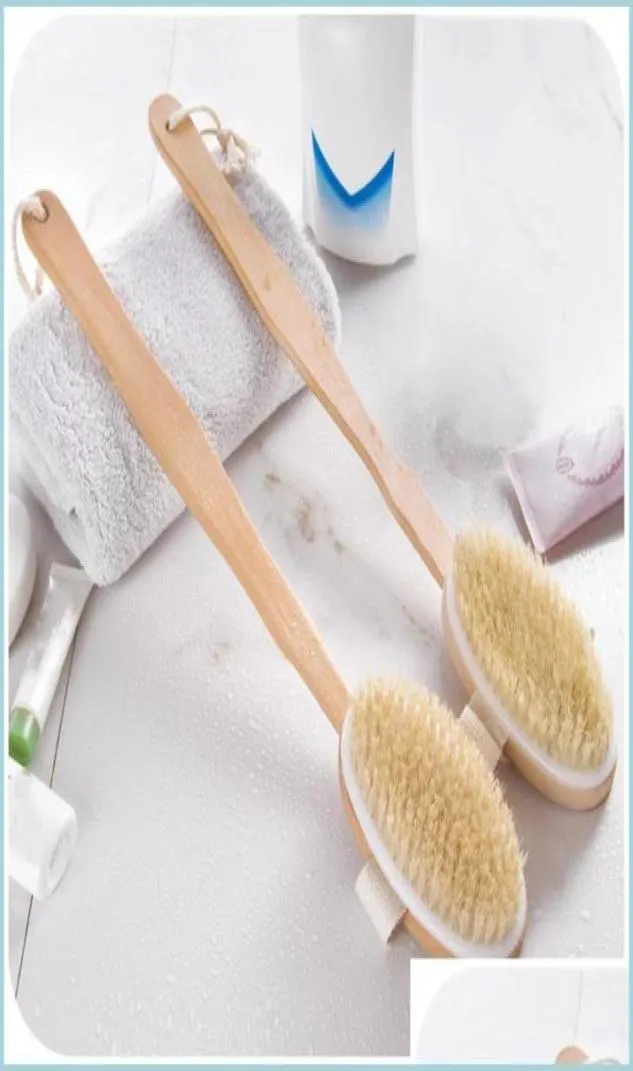 Brosses de bain Éponges Épurateurs Corps de salle de bain Long manche Poils naturels Exfoliant Masr avec brossage à sec en bois Sh Dhvr86036507