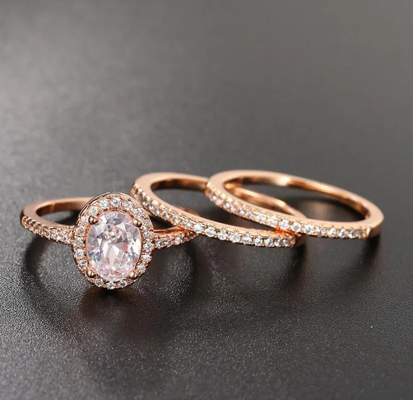 Populaire Europese en Amerikaanse 3 in 1 set diamanten luxe trouwring dames zirkonia micro vergulde verlovingsringen Valentijnsdag sieraden cadeau