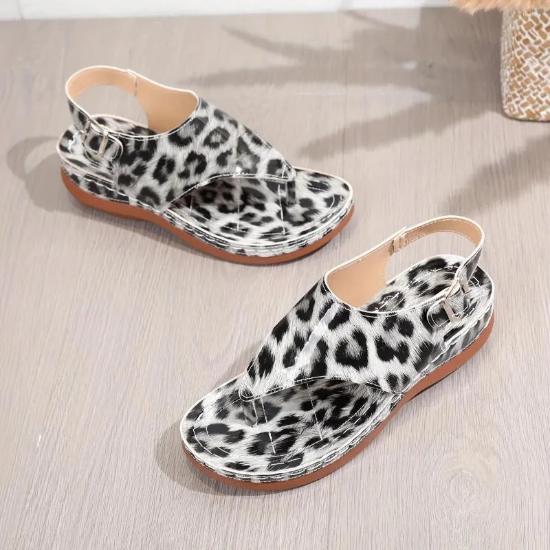 Sandals Women's Leopard Print Wedge Fashion Clip Toe Platform Comfortable Buckle Strap