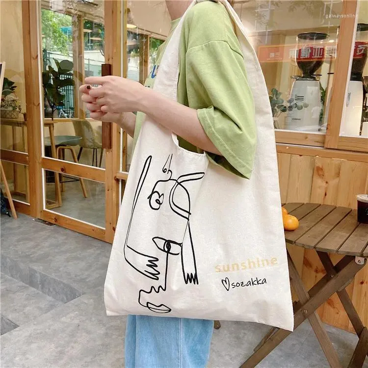 Sacs à provisions Simple personnage ligne Illustration sac à bandoulière Portable étudiant Protection de l'environnement toile en gros