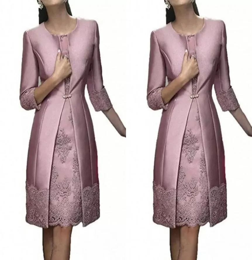 Элегантные вечерние платья для матери невесты 2020 с длинным жакетом-футляром длиной до колена пыльно-розового, серебристо-серого цвета, сантин и кружево на свадьбу1469709