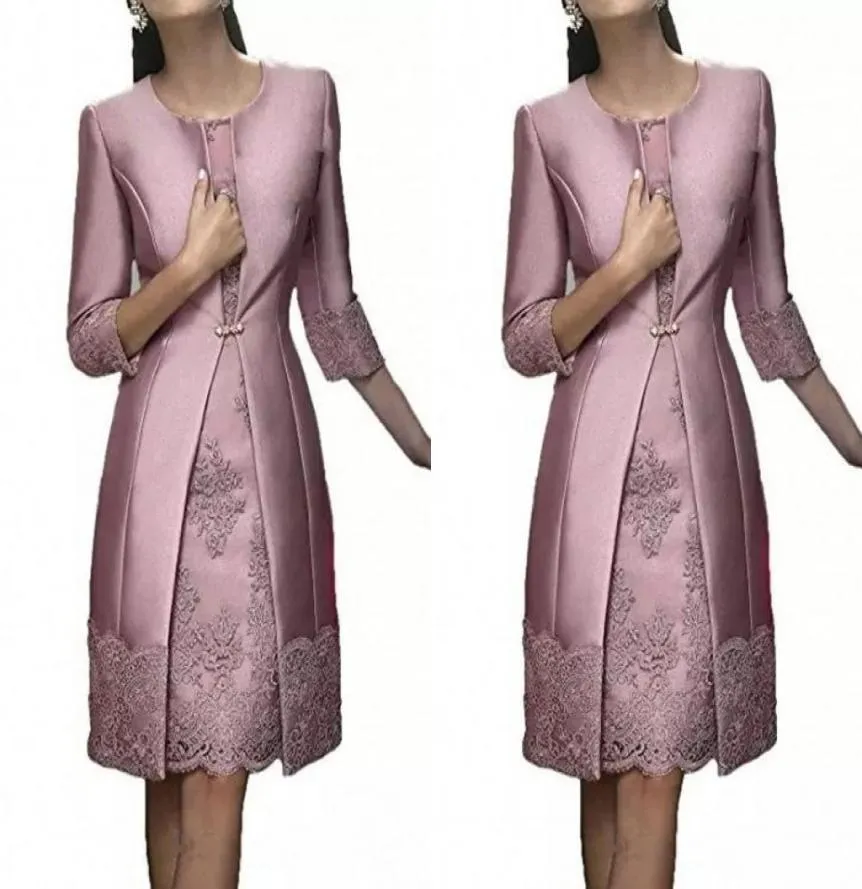 Elegancka 2020 Mother of the Bride Sukienki wieczorne z długą kurtką Długość kolan Dusty Pink Siver Grey Santin and Lace Wedding1469709