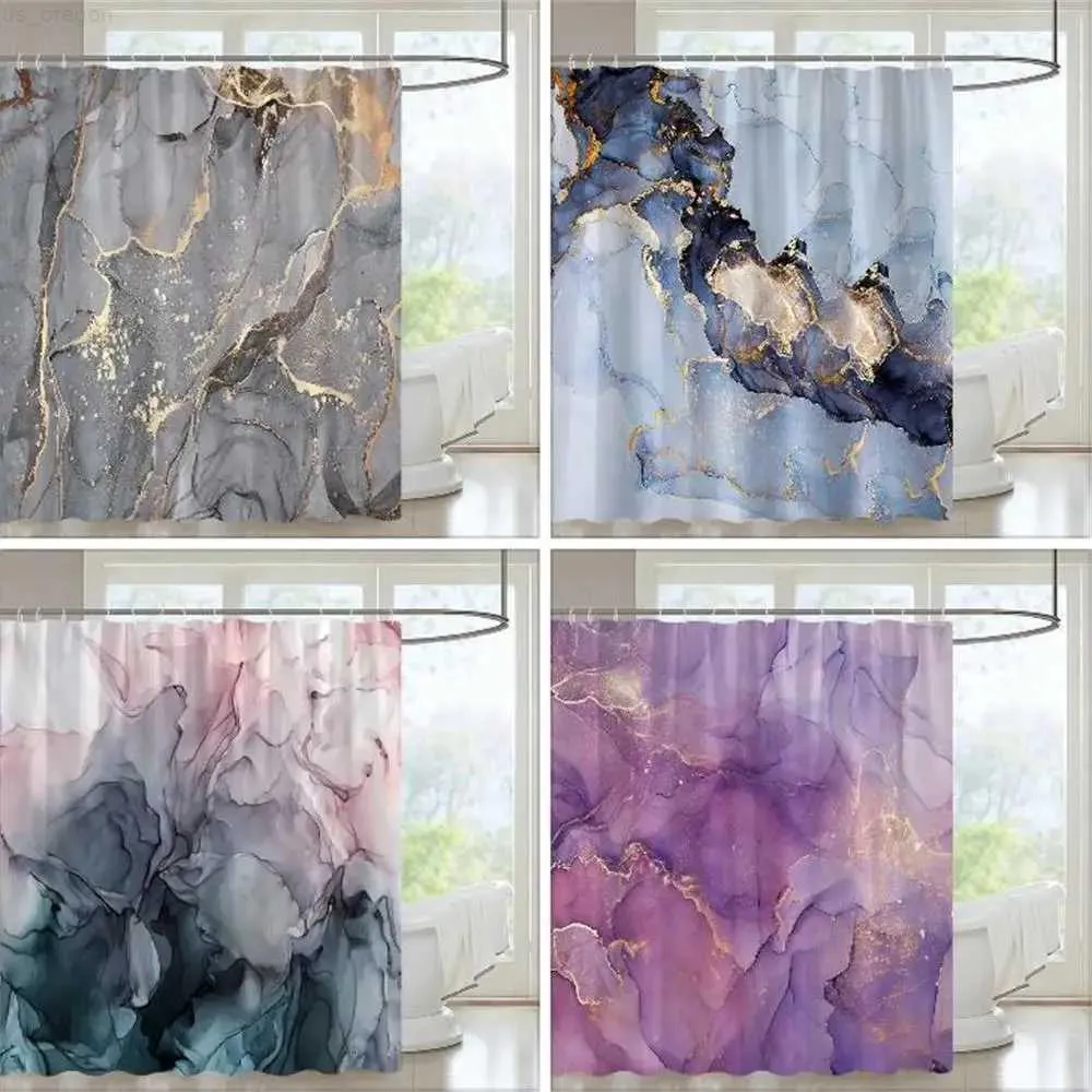 Douchegordijnen Marmeren douchegordijnset Creativiteit Textuur Stof Woondecoratie Badgordijnen Badkamerproducten Polyester Hangende stoffen haken