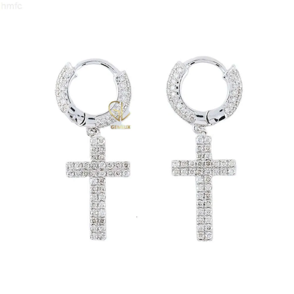 Pendientes de aro con cruz de diamante natural real de dos hileras de oro de 14 quilates de joyería fina de alta calidad para hombres y mujeres