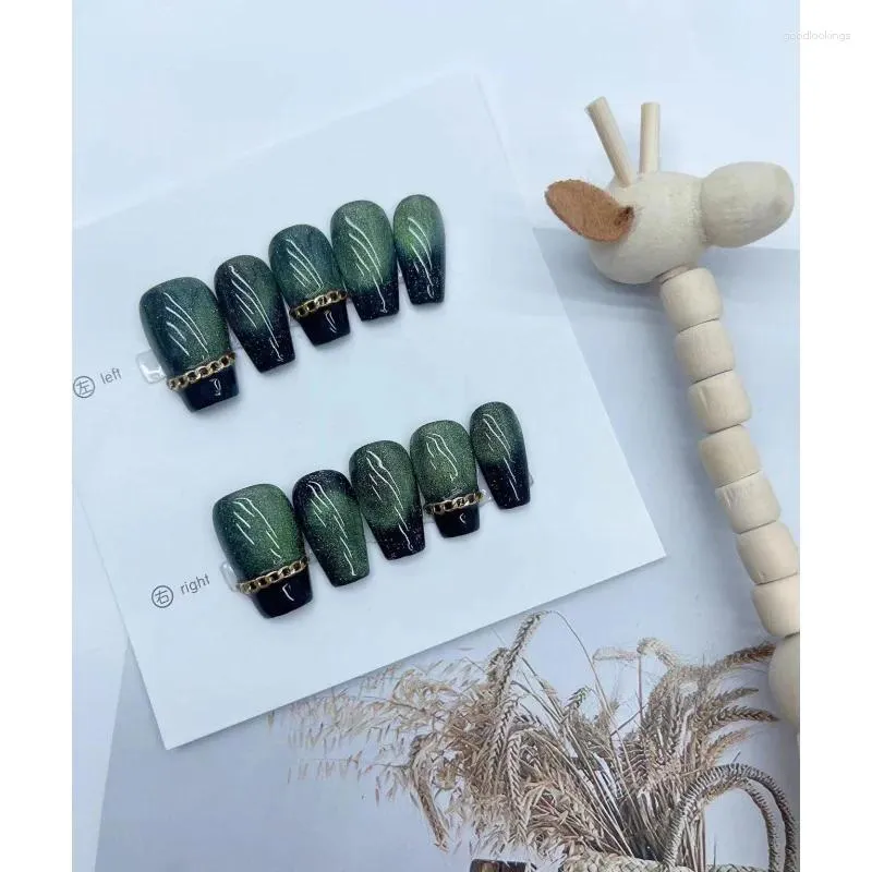 Faux ongles Misskitty fait à la main à pression Pure Wear court beau vert foncé œil de chat détachable femmes enceintes utiliser faux français