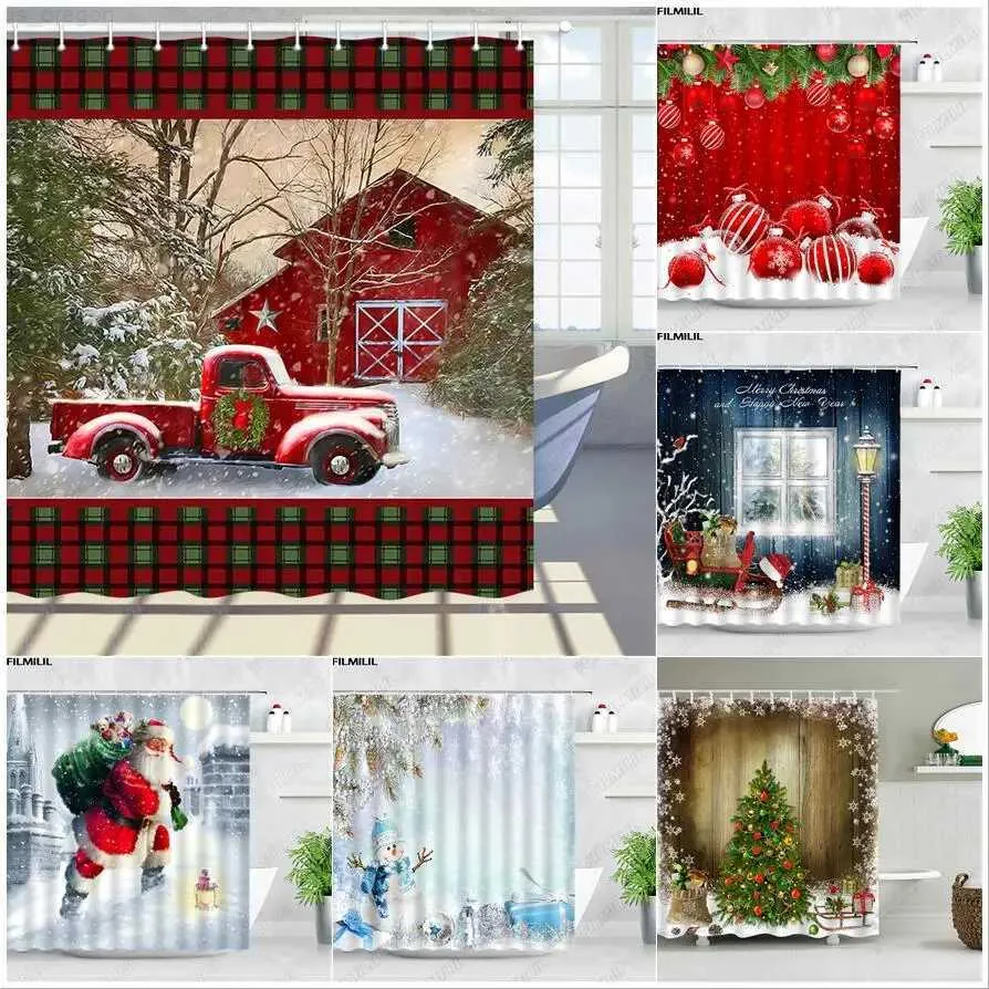 Cortinas de chuveiro de Natal Cortina de chuveiro vintage vermelho caminhão celeiro e árvores de férias com neve tecido de poliéster cortinas de banho de banheiro com ganchos