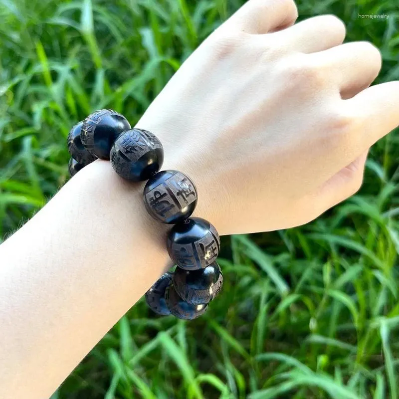 Filo di legno di sandalo nero Amitabha Buddha Bracciale perline Decorazioni culturali e intagliate in legno Personalità maschili femminili