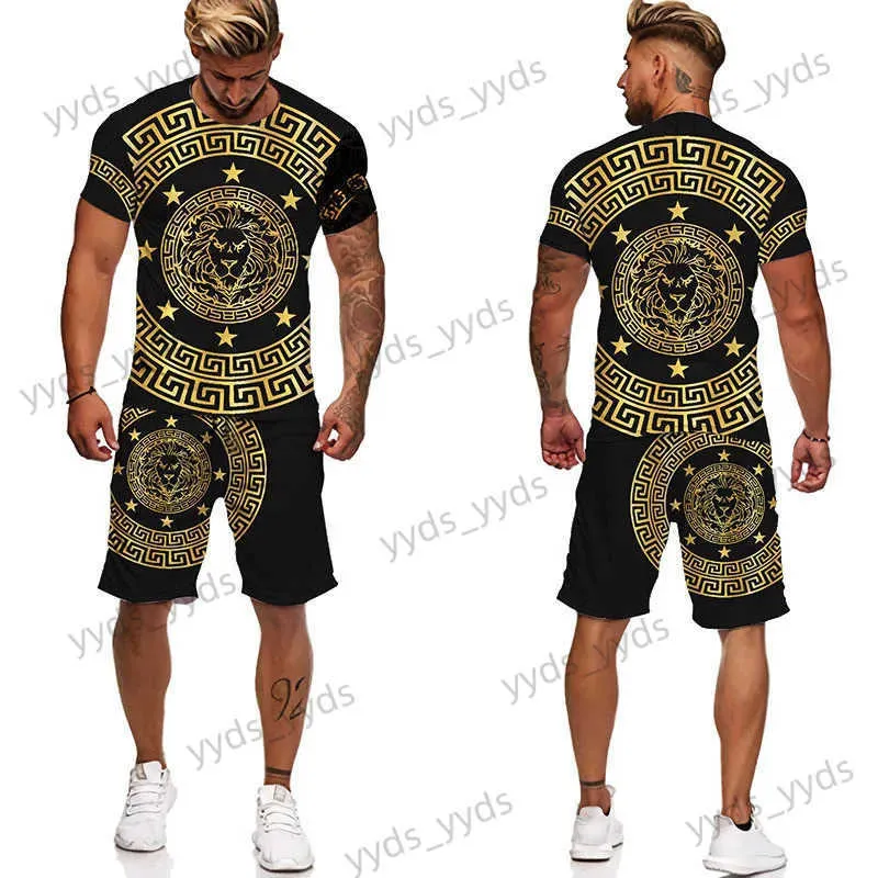 Chándales para hombres Moda para hombres Ropa deportiva Camiseta con cabeza de león creativa dorada Impresión 3D Verano Playa de gran tamaño Conjunto de 2 piezas Ropa para hombres T240124