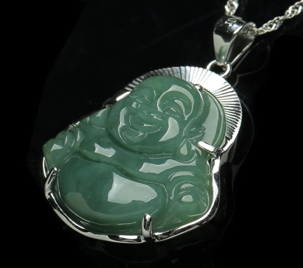 925 Pure Silverencrousted Jade Buddha Pendant Natural A Goods Myanmar Oil Emerald Male Halsband Women8885077