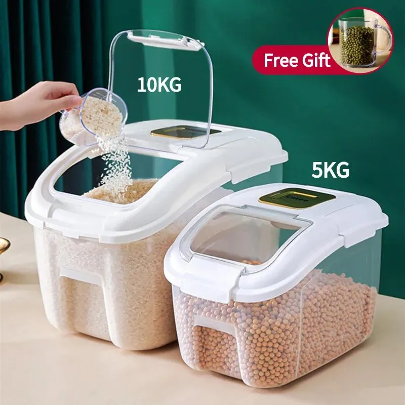 Organization 20KG Kitchen Storage Container InsectProof MoistureProof Rice Box With Wheel Sealed Cereals Bucket Pet Cat Food Storage Box