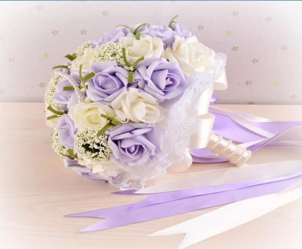 2018 buquês de casamento de pérolas roxas com pulso corsage presente flores artificiais noiva segurando flores flores artesanais buquê de noiva7593807