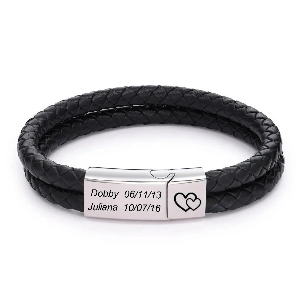 Armband Personligt armband för män Anpassat namn Datum Svart läderarmband Rostfritt stål Magnet Buckle Armbandsmyckespresent