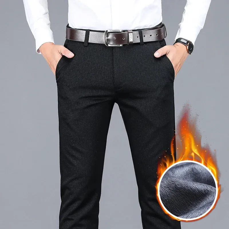 Hiver hommes chaud pantalons décontractés affaires mode polaire épais pantalon à carreaux bureau Stretch pantalon mâle marque vêtements 240122