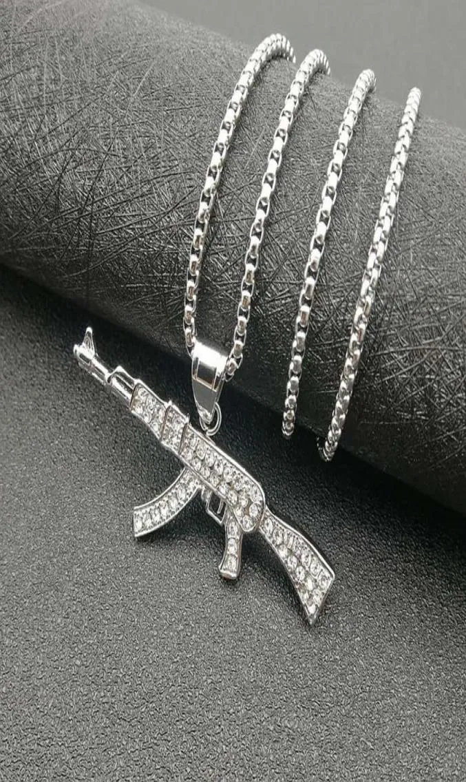 Hip Hop Jewelry Titanium Steel Gold Plated Diamond AK47 Pendant Necklace 6CC36220981