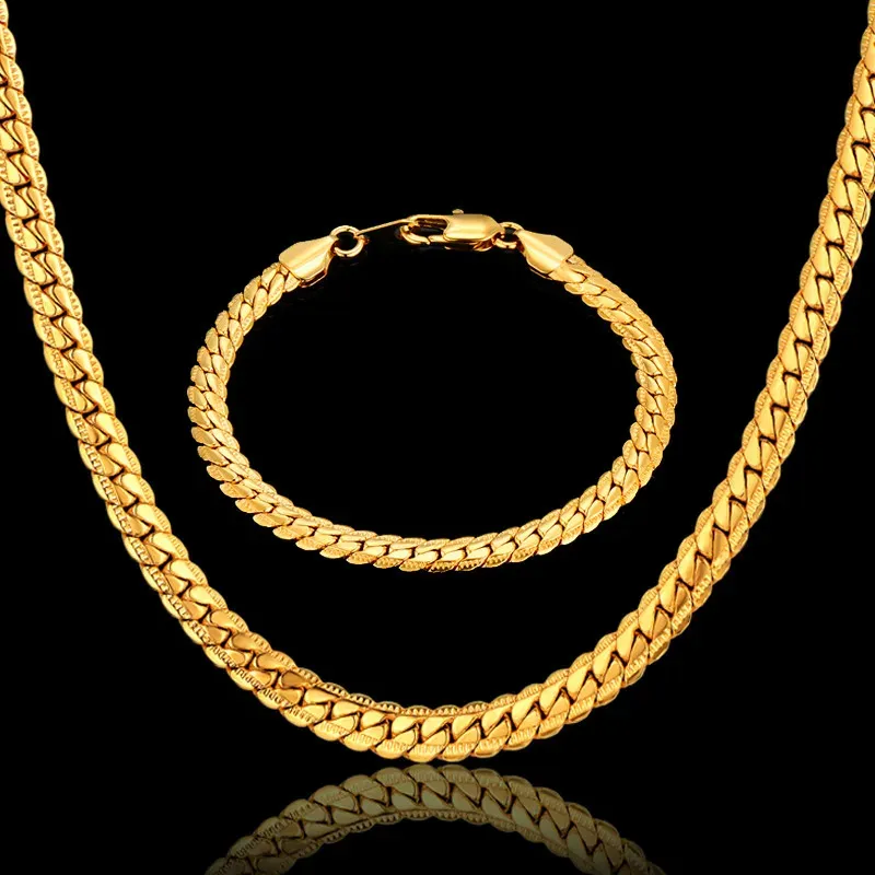 Set di catene a maglie a serpente piatto punk da uomo Set di bracciali con collana in oro giallo 14k per uomo Set di gioielli vintage