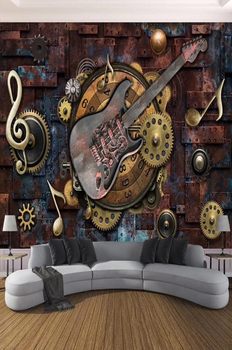 Пользовательские обои Po для стен 3D Ретро гитара Музыкальные ноты Бар KTV Ресторан Кафе Фон Обои Фреска Wall Art 3D9751964
