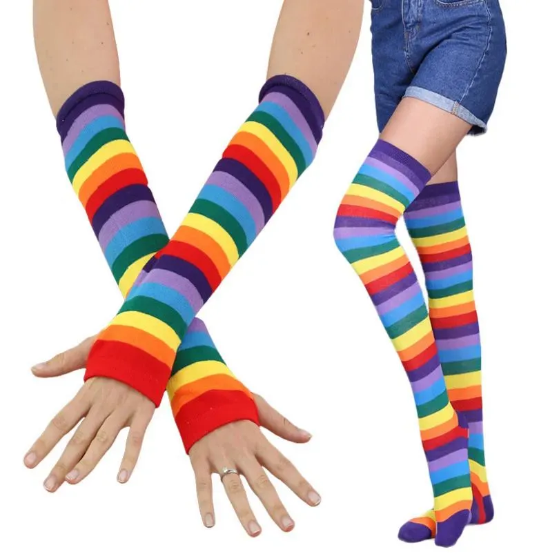 Rainbow Costume Set Stripe Knee High Socks Arm Warmer Fingerless Gloves Set for Teen adults Halloween Cosplay Xmas Dress-up Stage Wear